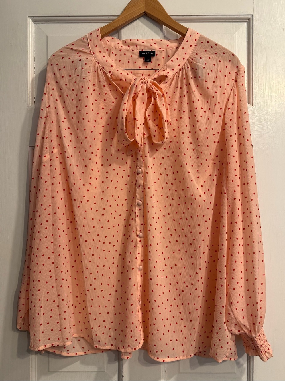 torrid Peach Pink Blouse with Red Polka Dots and Tie Neck